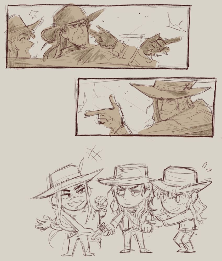 Sketch of three OCs interacting with each other. Top two panels featuring them hiding from a shootout as Corvus (first panel) shoots an accusatory "I'm watching you" gesture at Fernando (second panel), who responds with a fingergun.