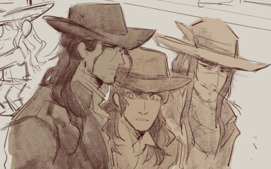 Corvus, Emily/Bliss and Fernando looking off to the side at something.