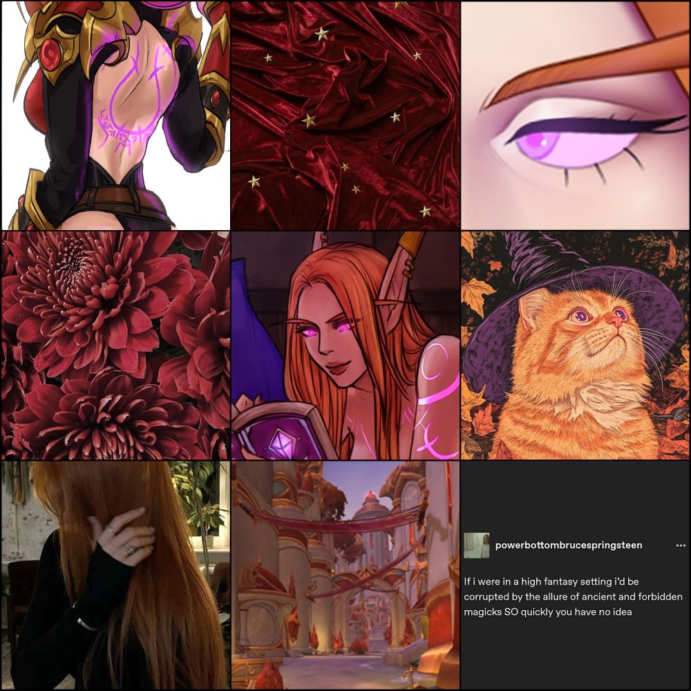 moodboard for a blood elf arcanist, she has long, ginger hair, bright magenta eyes, fair skin and runic tattoos. dark red and orange motifs
