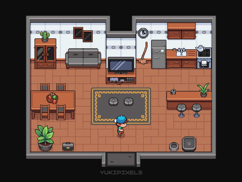 Top-down pixel art illustration of a modern, open living space. The interior features a grey sofa and TV area, a dining table with chairs, a compact kitchen with a small bar counter with stools. The dominant furniture colors are grey and black.
