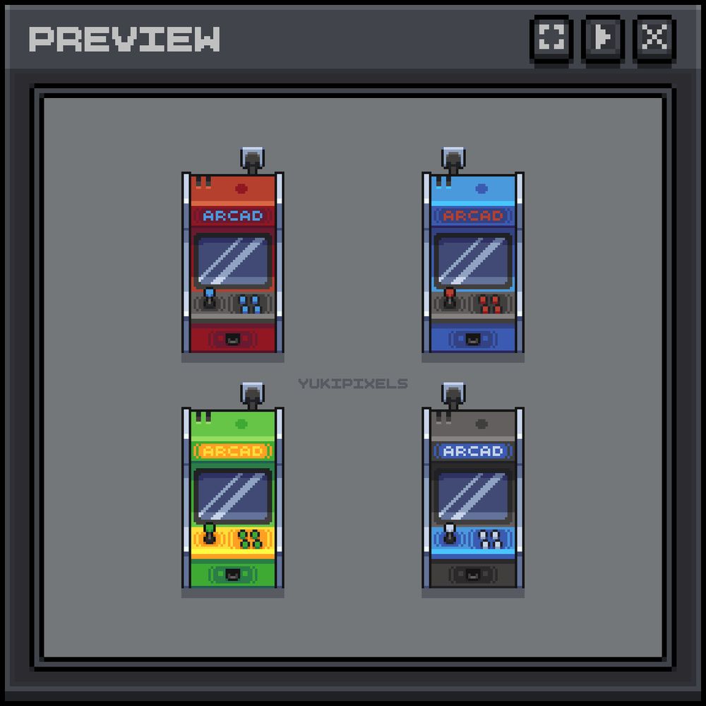A top-down pixel art illustration of four arcade machines in a row, featuring different vibrant colors like red, blue, green, and yellow on their cabinets.