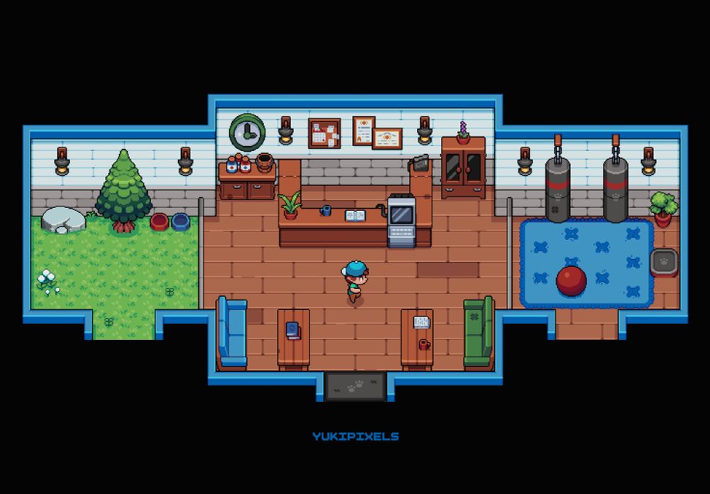 Top-down pixel art illustration of a pet or monster daycare center interior. The layout shows a reception desk at the back, an outdoor grassy area on the left with a dog bed and food bowls, and an indoor play area on the right with mats, play equipment (like punching bags), and toys. There are also seating areas and plants in the reception. A small character stands in the main hallway