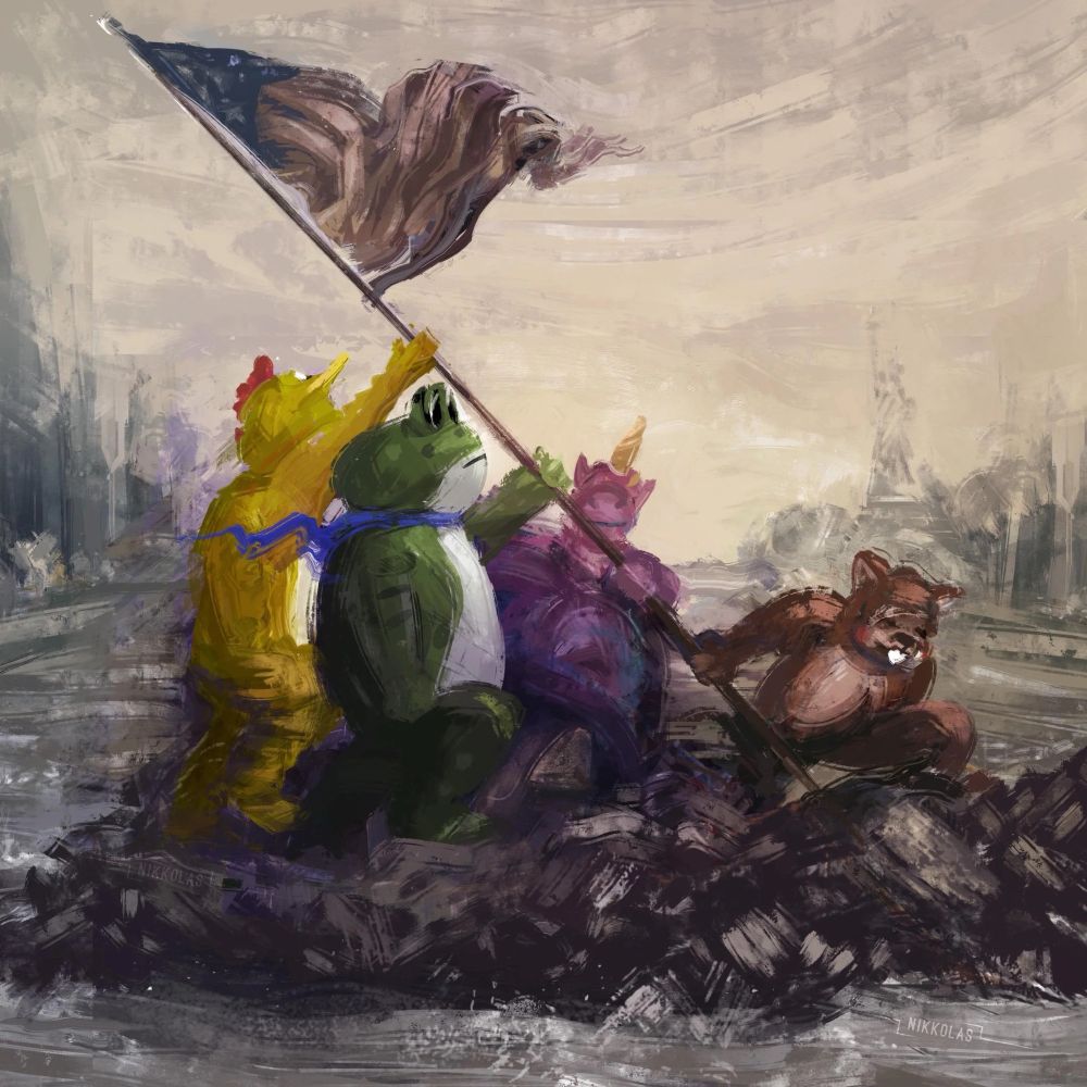 Illustration by Nikkolas Smith, of which he says "This is what No Kings day felt like." It shows four human-like animal figures: a beaver, a unicorn, a frog, and a chicken, lifting a flag pole like the famous posed photograph of the flag raising on Iwo Jima. The animals are clear references to the costumes some protestors wear to show the absolute stupidity of the regimes attempts to strip Americans and foreign visitors of their Constitutional rights.
