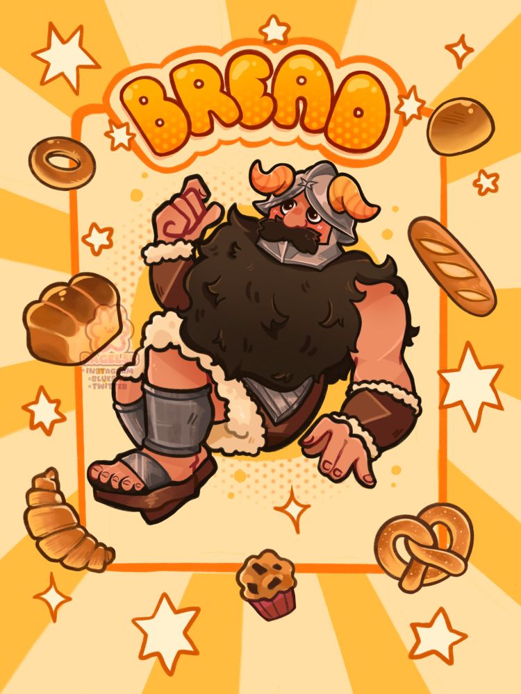 senshi from delicious in dungeon floating on a colorful poster like background, with various forms of bread around him as he stares upwards at bold text that says “bread!”. There’s a muffin, pretzel, baguette, bagel, loaf of bread, and a bun. 