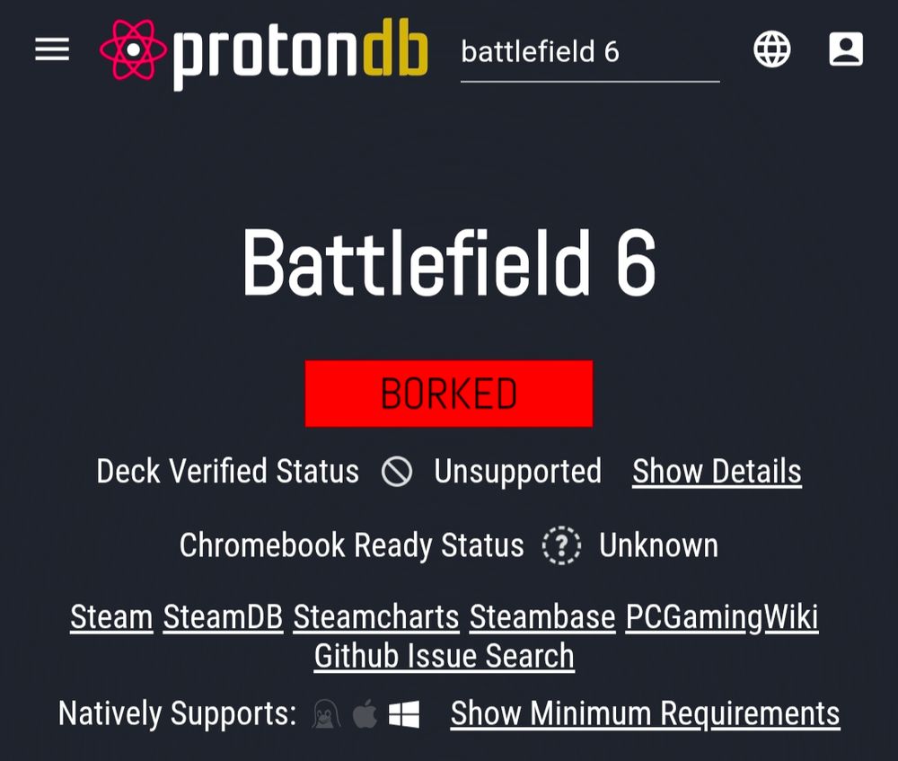 battlefield 6 status on protondb is "borked" (game will not run on linux due to lack of anticheat support)