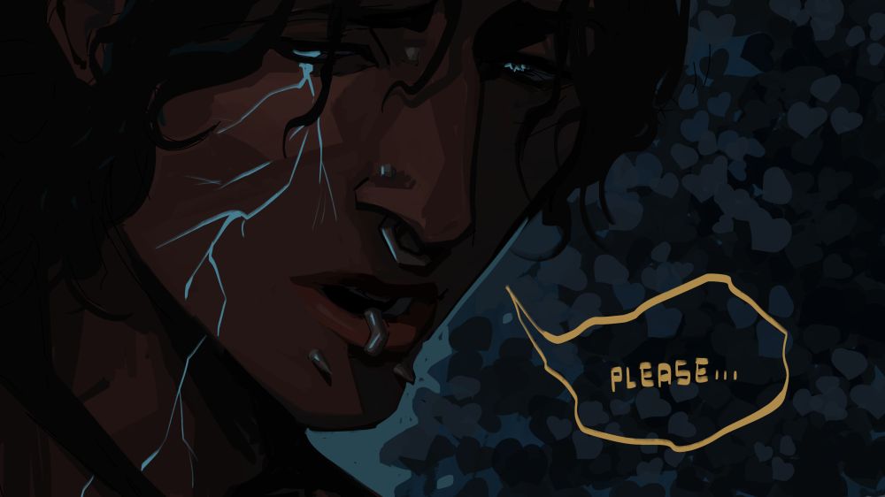 An artwork of a dark skinned man at night uttering "Please...". He has glowing blue eyes and a glowing blue Lichtenberg scar. He looks as if he's about to cry.