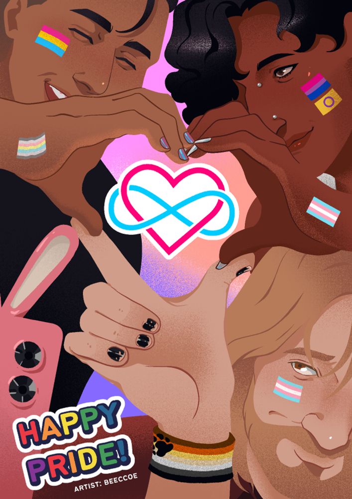 A pride-themed artwork where three people are taking a selfie and forming one big heart with their hands.