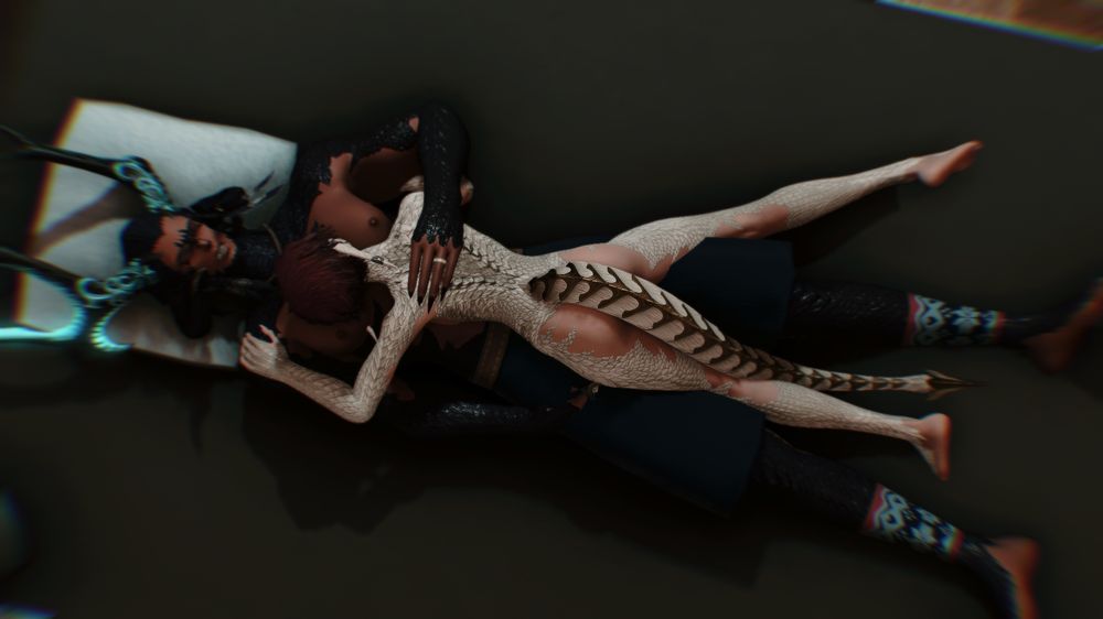 A raen Au Ra woman laying on the chest of a Xaela au ra male, sleeping with her head tilted to the right, and legs spread akimbo.