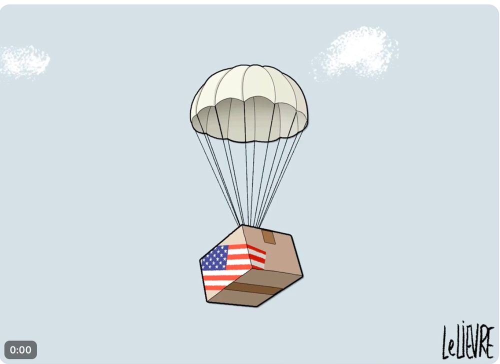 A box on a parachute that emerges from the POOF contains the US flag emblem and sticky tape.