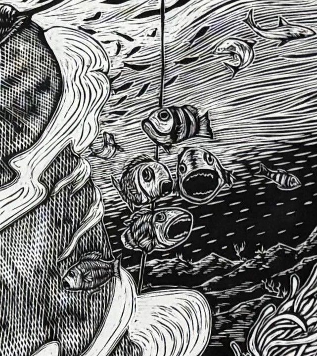 In another detail of the same artwork, a group of terrified fish are about to be caught in an enormous trawl net, into which all life is disappearing. 