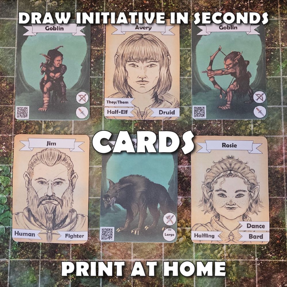 Custom cards printed at home, displayed on a battle map.