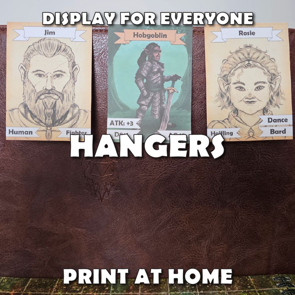 Custom GM screen hangers printed at home, displayed on a GM screen.
