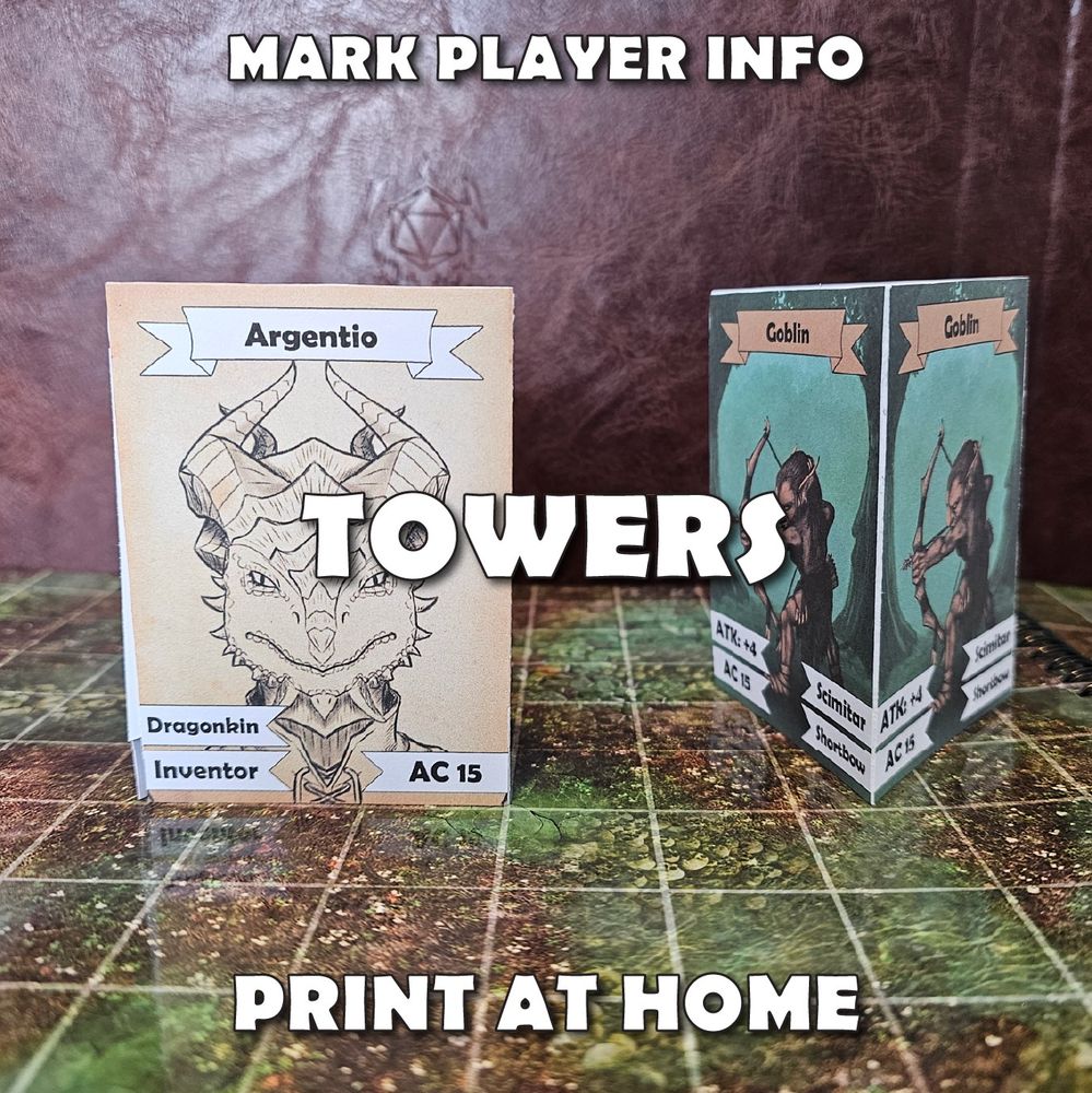 Custom pyramidal towers with images of fantasy characters and monsters, displayed on a battle map.