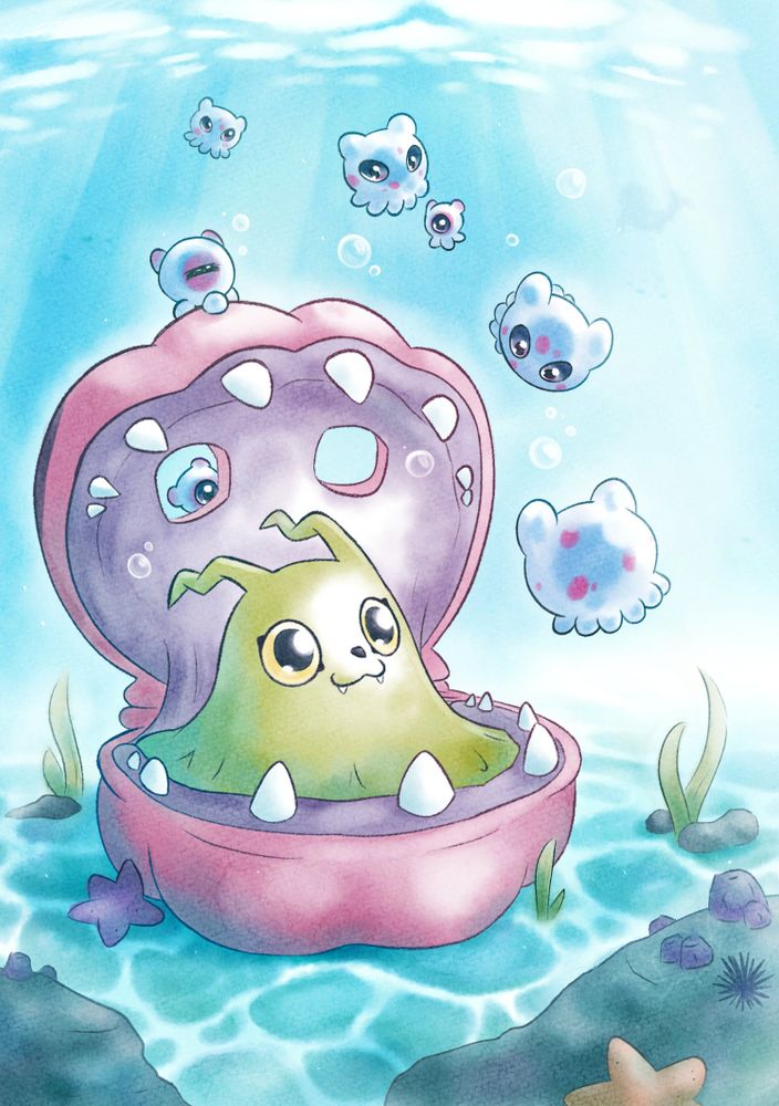 a watercolor inspired illustration of the digimon shakomon on the seafloor surrounded by a group of puyomon and puyoyomon, which seem to be inspecting her. shakomon is a green slime-like creature with big yellow eyes and a catlike face with fangs. two tentacle like ears extend from the top of the green part of the body. she is situated in a larger pink and purple clam with eyeholes in the top shell and teeth all around the edges of the shells. the puyo(yo)mon are smaller blue and pink jellyfish creatures with either one or two dark eyes.