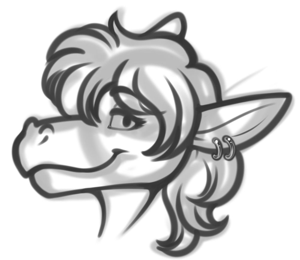 A black and white digital sketch of a dragoness in profile with two earrings.