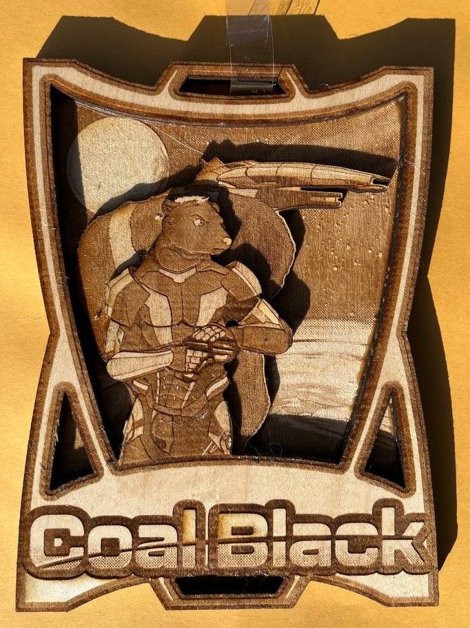 An anthropomorphic male skunk in a space suit standing in front of a moon, planet, and space ship over the name "Coal Black".