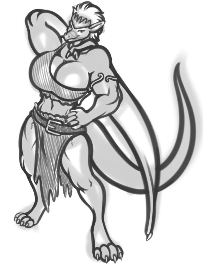 A black and white digital drawing of an anthropomorphic dragoness dressed like the character Demona from Disney's Gargoyles, with a loincloth, off-the-shoulder crop top, crown, and armband, with wings folded around her neck like a cloak.