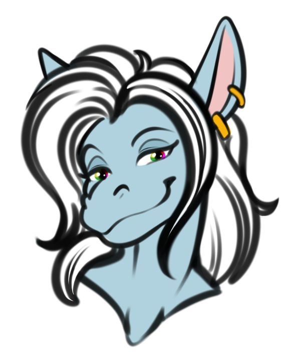 Digital portrait of a female silverblue dragoness facing the viewer with long white hair, golden earrings, rainbow irises, and a smile.