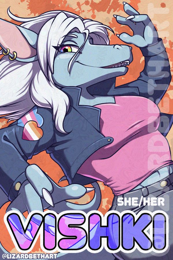 An anthropomorphic silverblue dragoness with blonde hair and rainbow eyes, wearing a shirt, pants, and jacket with a trans lesbian shoulder patch. The name 'Vishki' is printed across the bottom, with she/her pronouns.
