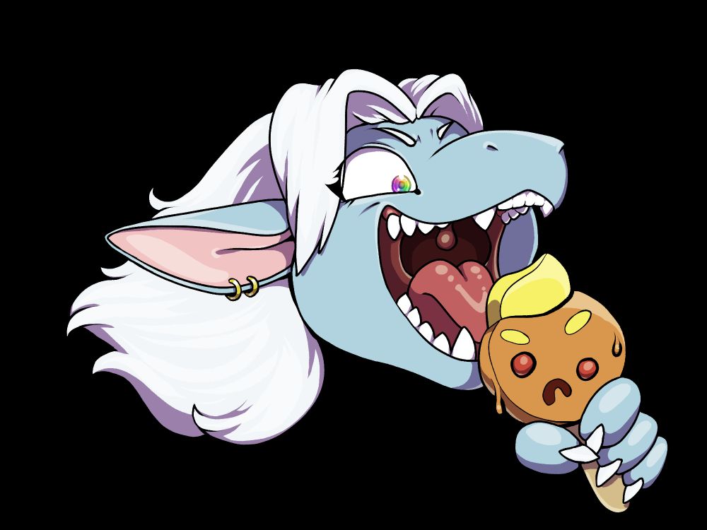 A silverblue dragoness about to take a big bite out of an orange, melting, unhappy icecream cone.