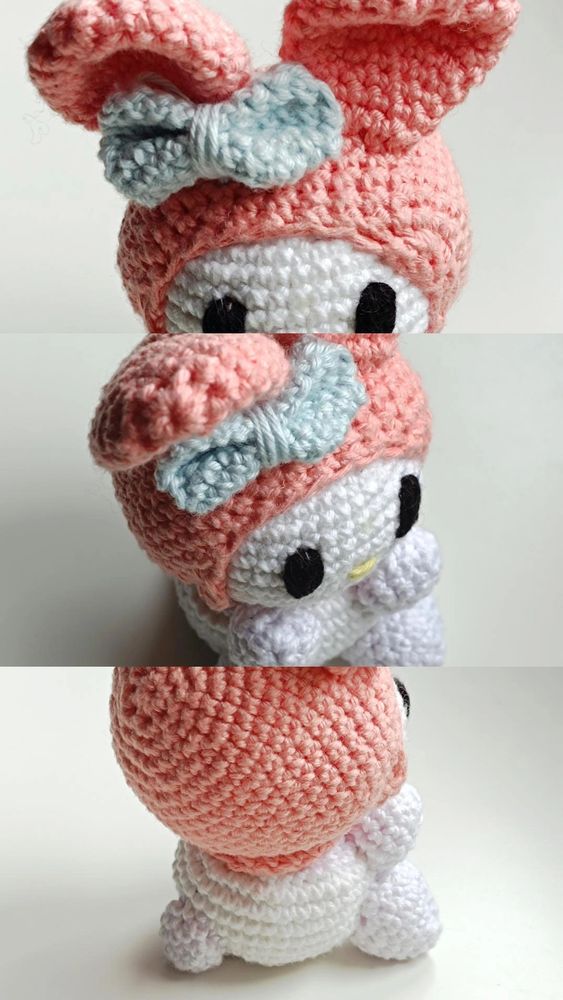 Triptyque du personnage My Melody en crochet : photo du haut montrant le haut de la tête de Melody. Celle du milieu, Melody vue de haut et de profil. Celle du bas : Melody de dos.