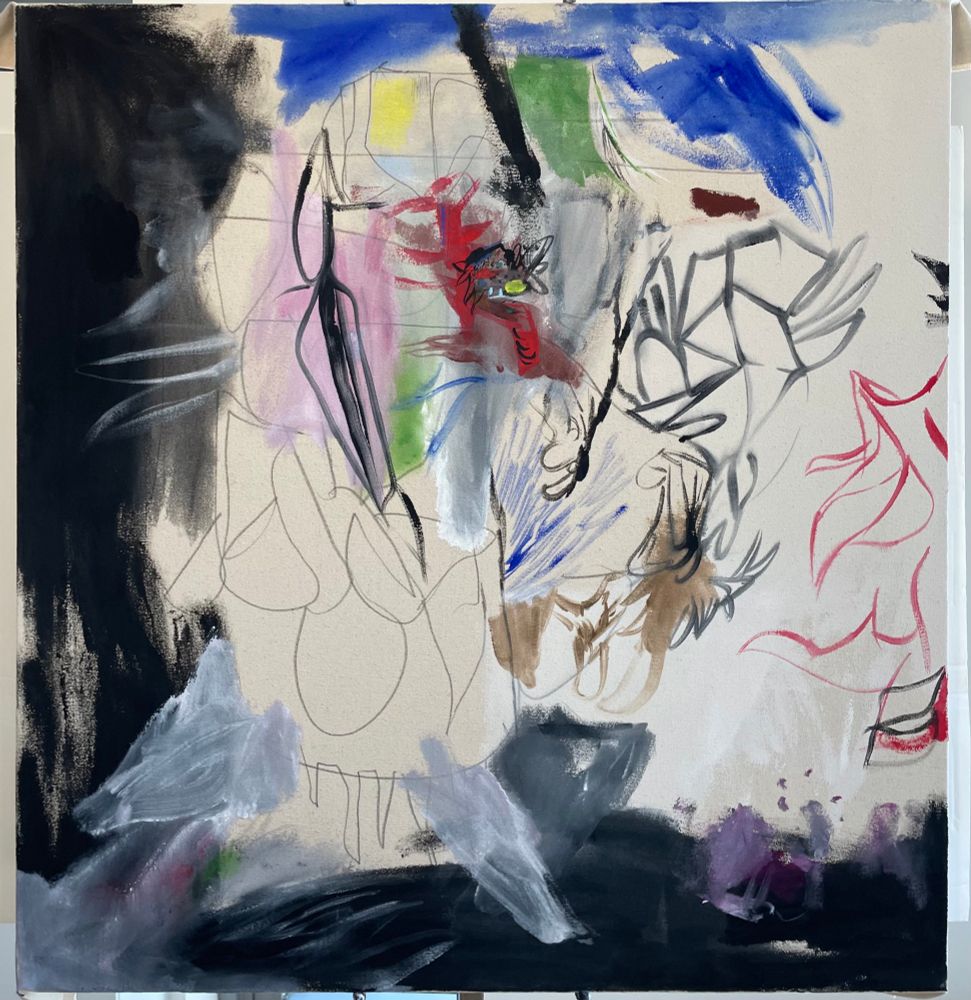 Conjure, 2025, flashe, acrylic, color pencils, graphite on canvas