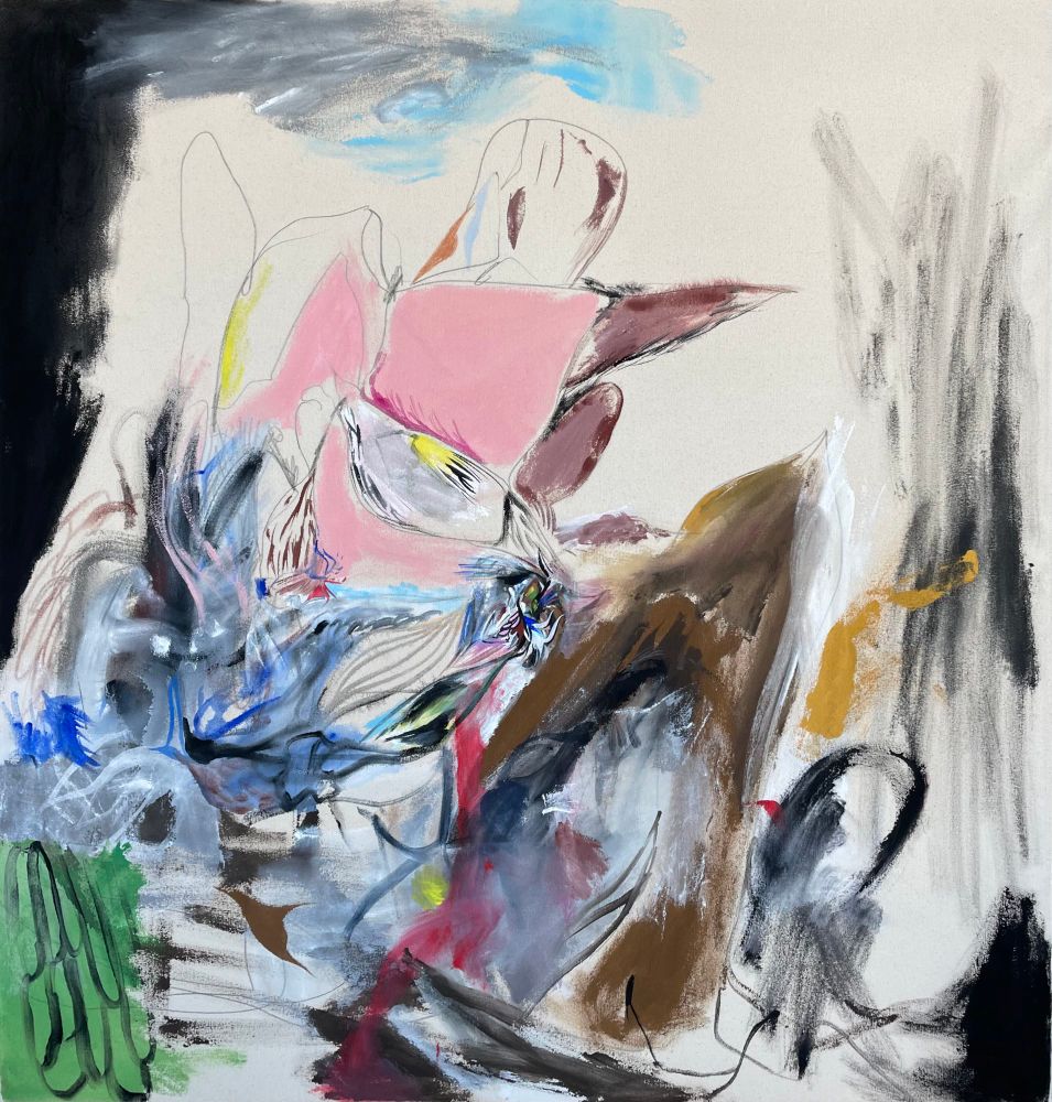 Nessus vs Hercules, 2024, acrylic, flashe, color pencils, graphite on canvas 48x46 inches 