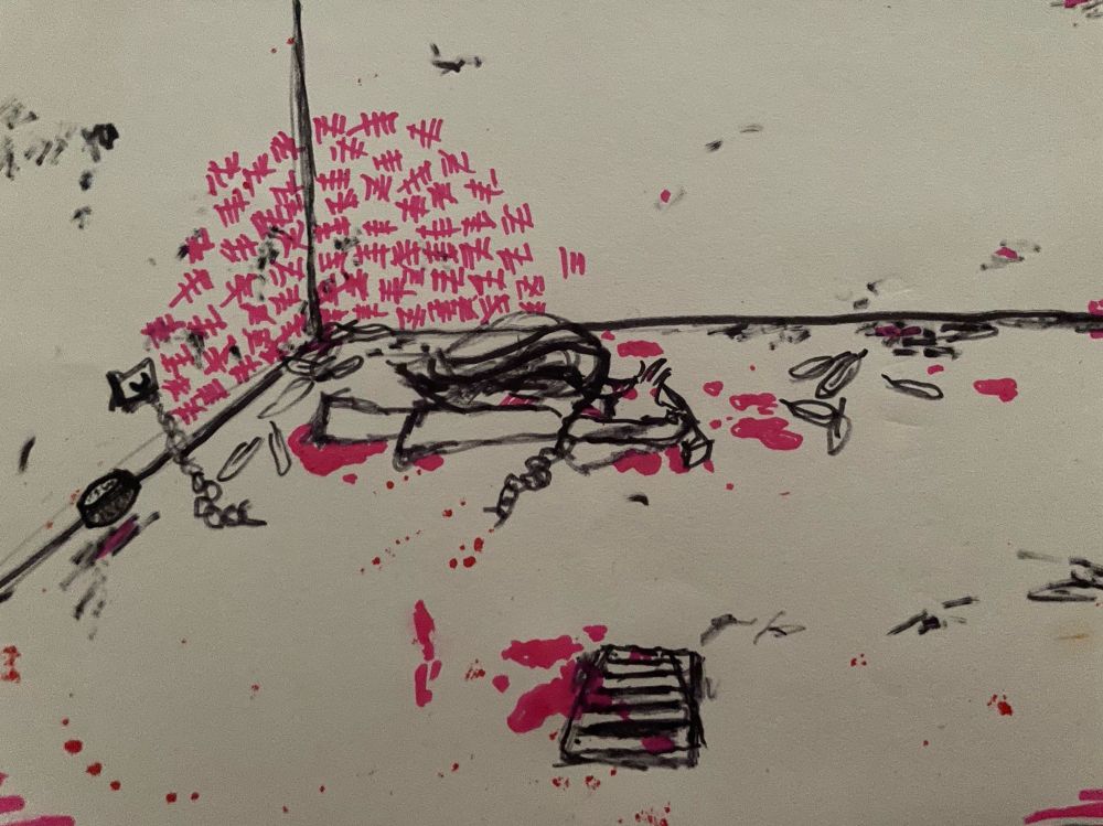 angel dust hazbin hotel with angel wings sobbing on the floor of a filthy room with tally marks on the walls, blood, and feathers. there is a broken chain attached to the wall with the other end attached to angel’s collar. there is a drain in the floor. 