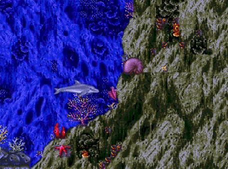 16bit ecco the dolphin screenshot with ecco swimming up to a cliff