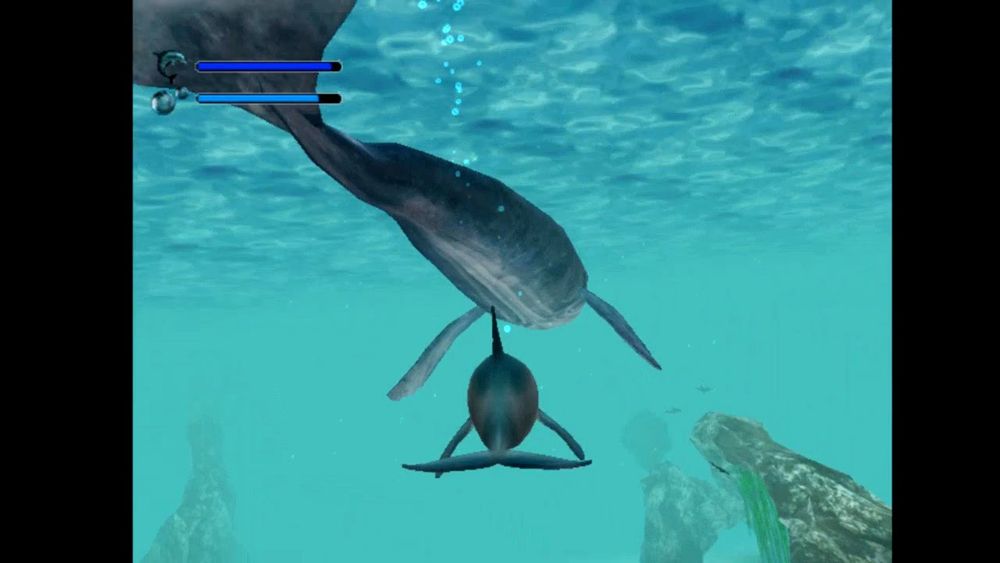 ecco the dolphin screenshot from the dreamcast with ecco swimming behind a whale