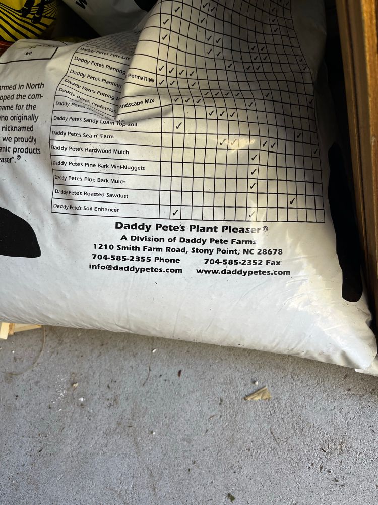 A bag of dirt which reads “Daddy Pete’s Plant Pleaser (registered trademark)