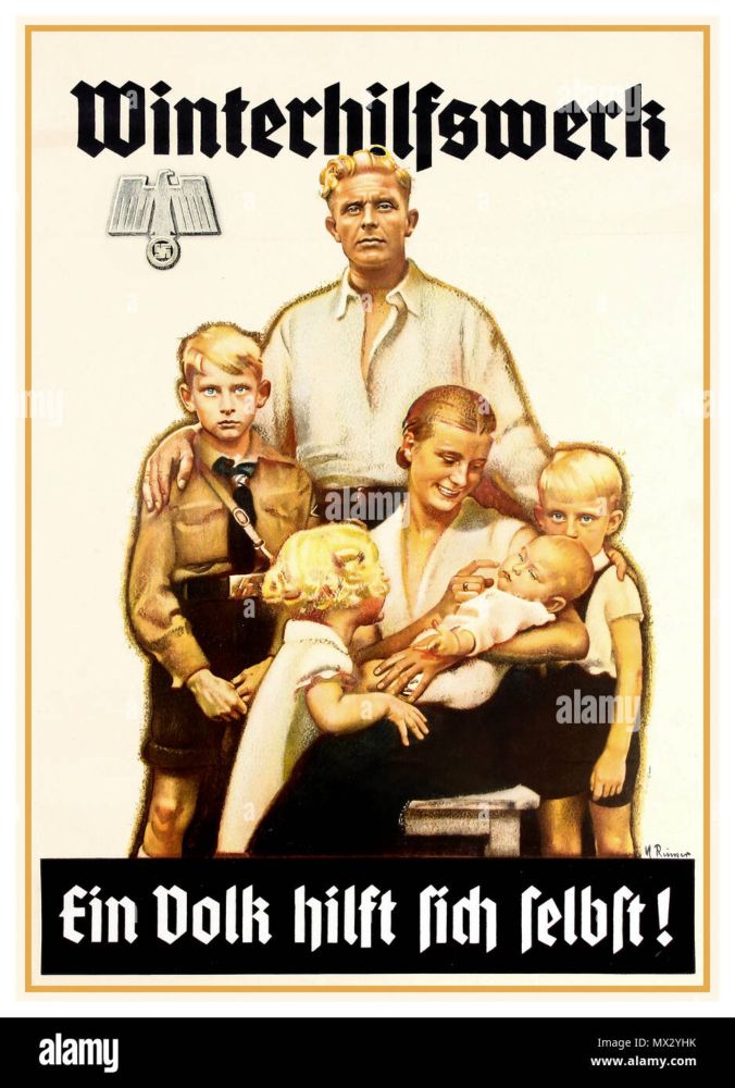 Download this stock image: 'Winterhilfswerk' Vintage 1940's WW2 Nazi Propaganda Poster with stereotypical Nazi ‘ideal’ blond aryan German family group of six including a boy in Hitler Youth uniform, p...