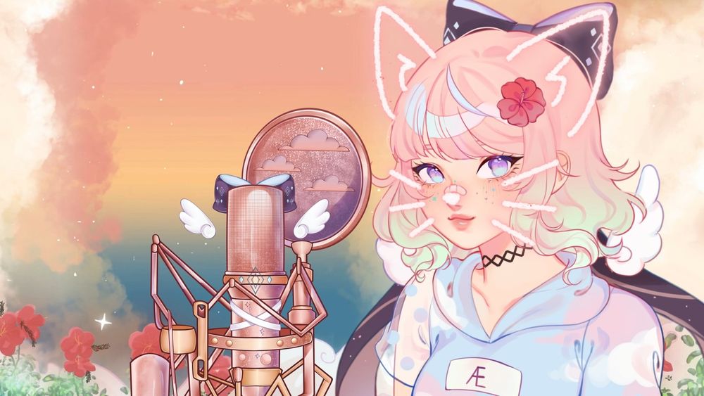 A drawn, pink-haired girl is staring at the camera. A decorated microphone is placed before her, and she is standing in front of a colourful sky that looks like early-evening/dusk. A couple of stars are already appearing on the top, and the sides are lined with clouds. There are hibiscus flowers on the bottom of the screen. The girl has cat ears and whiskers drawn on her, made to look like an intentional pencil drawing / filter.