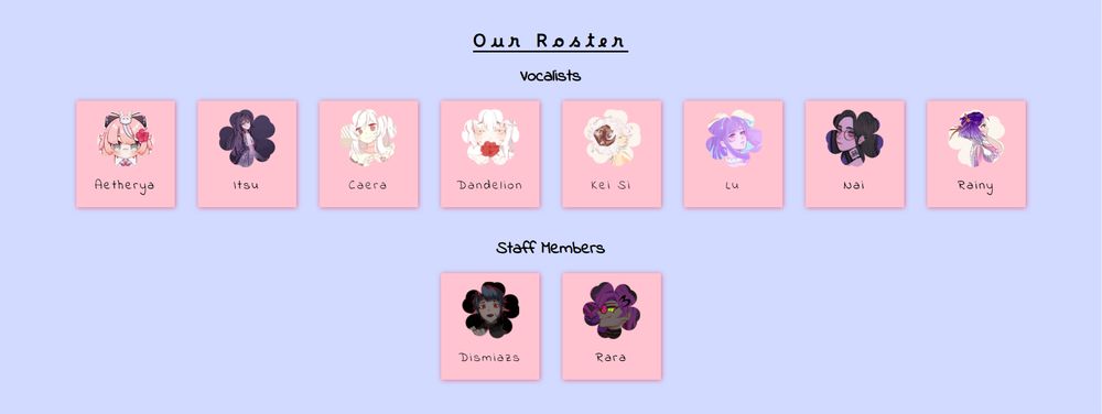 All team members of Team Polyharmony, including an avatar of each.
Vocalists: Aetherya, Itsu, Caera, Dandelion, Kei Si, Lu, Nai, Rainy
Staff: Dismiazs, Rara