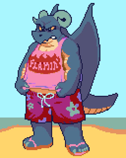 Image of a grey-blue dragon man wearing swim trunks and flip flops at the beach. He's struggling to wear a tank top which reads "Flamin'"