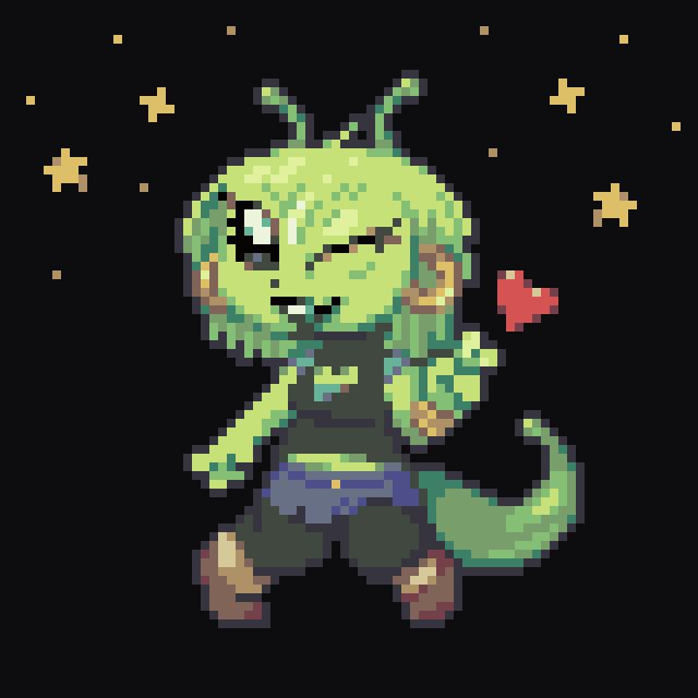 A green alien with antennae and a tail. She's wearing a blue skirt, black leggings and top, and brown shoes with tan socks. She's in the middle of some sort of dance move.