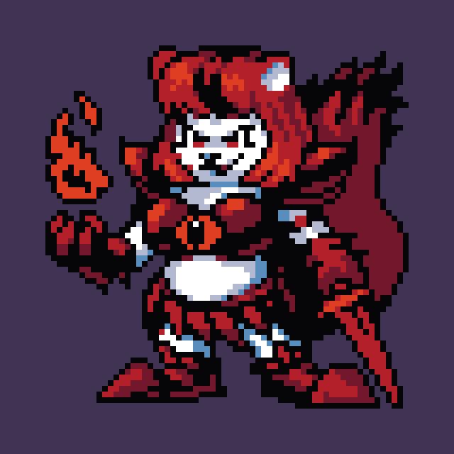 an imposing red haired anthro cat woman with white fur. She's wearing red and black armor, wielding a red sword and conjuring a red and black flame. She has a cruel expression.