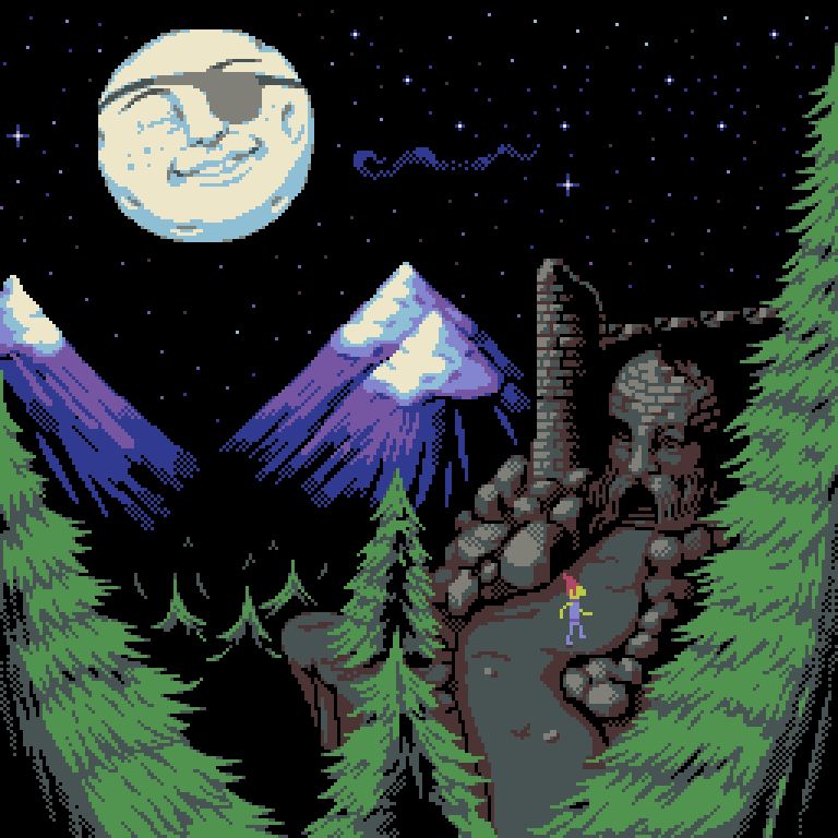 a nighttime scene done in a retro pixelart aesthetic. Pine trees partially obscure it. Treetops and purple mountains can be seen in the distance. A grinning moon with a face and an eyepatch floats in the sky. A ruin can be seen in the midground, a bearded bald hald constructed of masonry and carvings serving as its entrance. An intrepid adventurer is walking towards it.