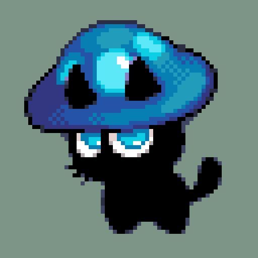 A small black cat with a mushroom cap on its head like a hat. It's looking shyly at the viewer.