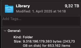 MacOS file inspection dialog showing a 9.32TB Library folder, with 243GB on disk used.