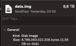 MacOS file inspection dialog, showing a disk image with 8.8TB of size, and 2.38GB on disk size.