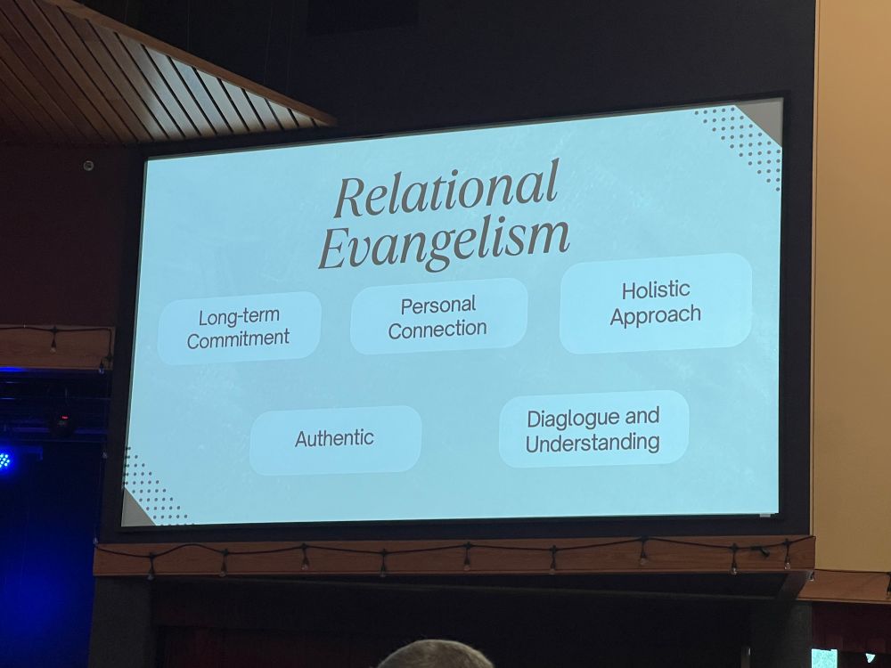 Slide text: Relational Evangelism 

-Long-term Commitment
- Personal Connection
- Holistic Approach
- Authentic
- Diaglogue and Understanding 
