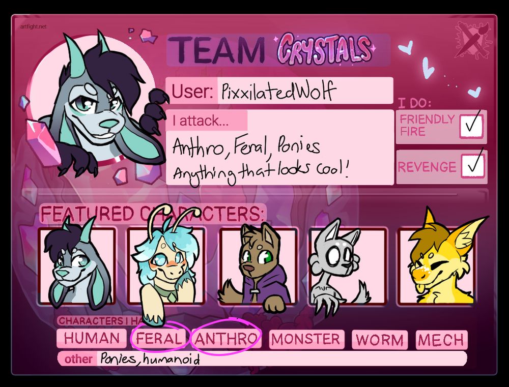 Pixxilatedwolf on artfight! Characters featured from left to right: Cosmic, Sea Oat, Clover, Allo, Lemonade!