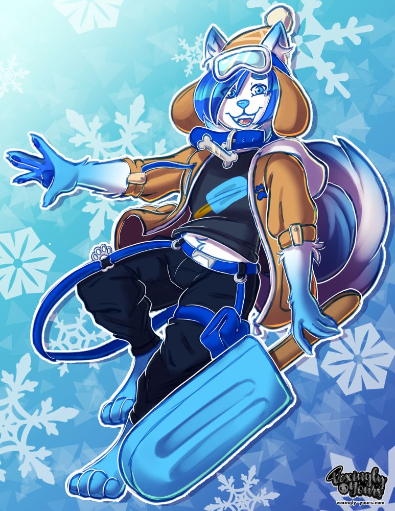 Anthro samoyed with winter streetwear and holding a giant popsicle