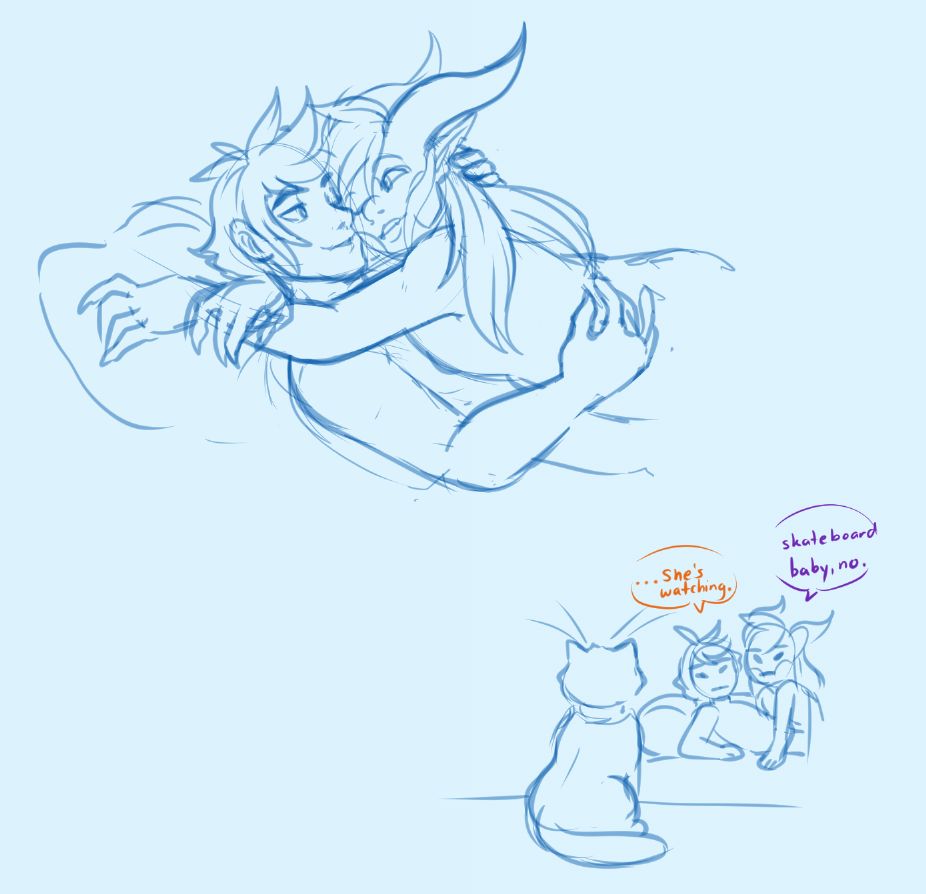 Oliver and Echo lying in each other's arms. Probably about to fuck

Second panel - Echo and Oliver are sitting up slightly, being stared at by a cat
Oliver: ...She's watching.
Echo: Skateboard baby, no.