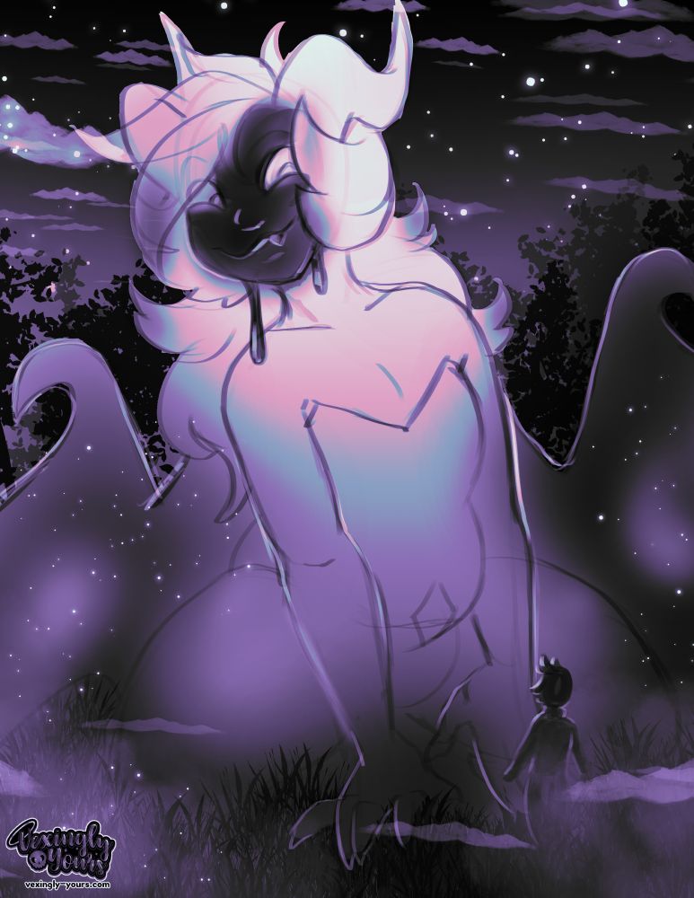 large demon towering over the silhouette of a much smaller man at night