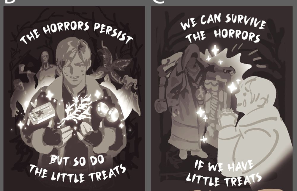 Rough sketches of Leon Kennedy, the merchant, and monsters from resident evil 4 