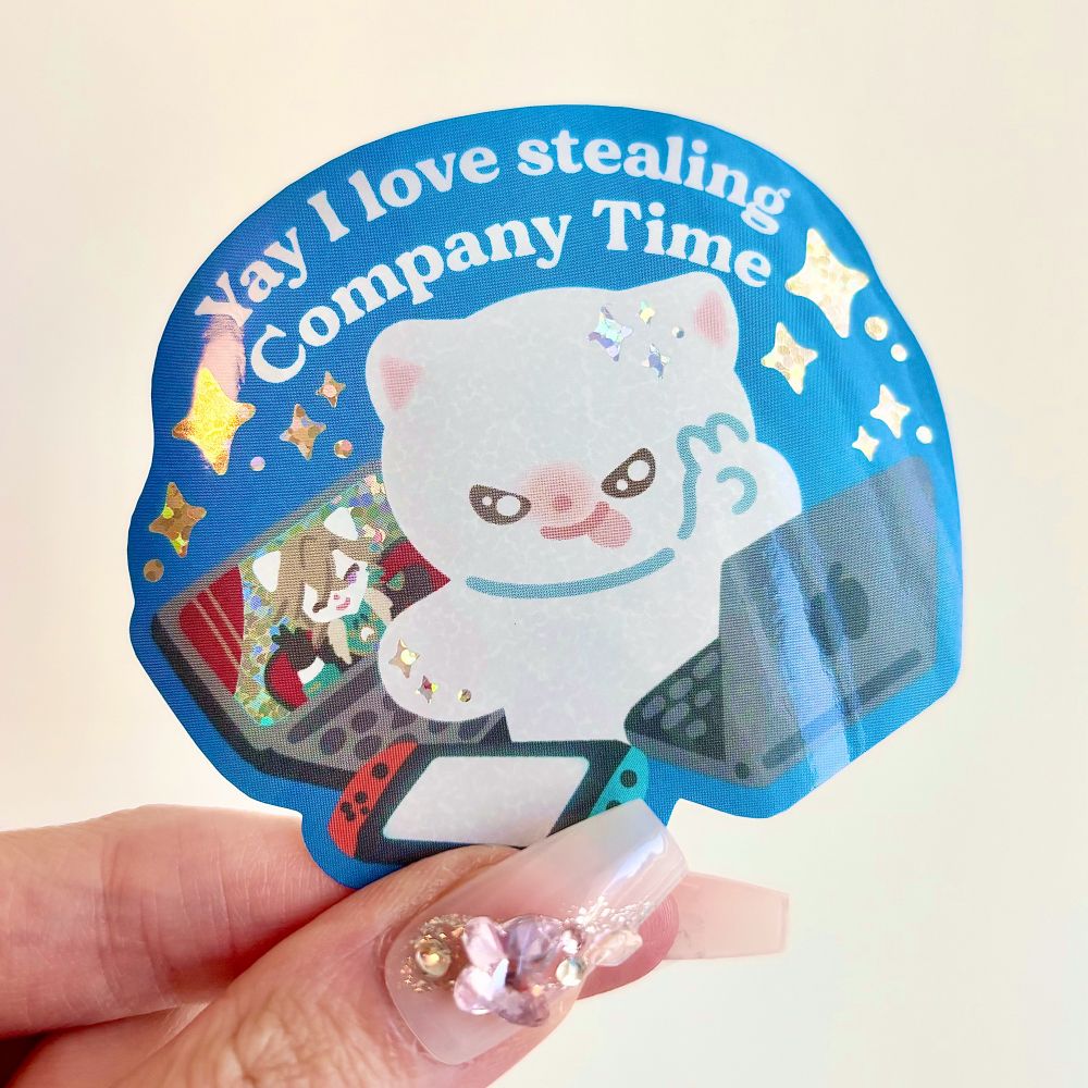 Sticker with art of a cat surrounded by laptops and a Nintendo switch. One of the laptop screens shows aventurine from Honkai star rail. Caption reads “yay I love stealing company time”