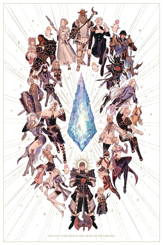 fanart of FFXIV. illustration shows many characters from the game including the scions of the seventh dawn, heads of the city states, and beloved characters like Haurchefant, Ysayle, Moonbryda and more surrounding Hydaelyn, the mother crystal.