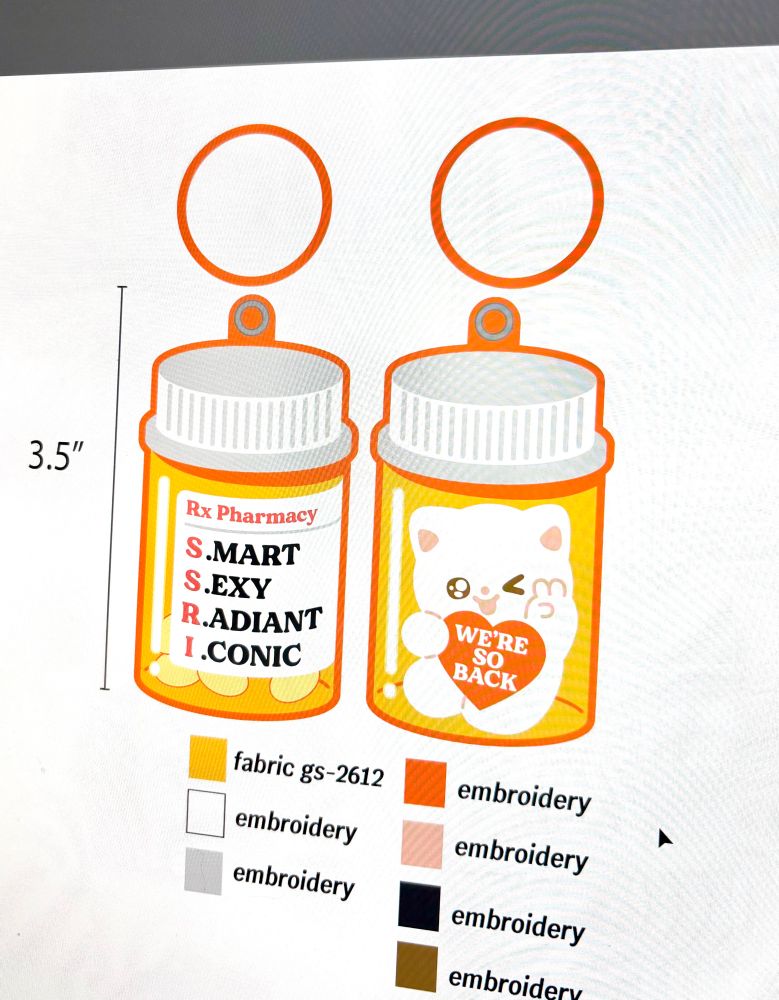 Photo of my screen showing my keychain design shaped like a ssri bottle. 